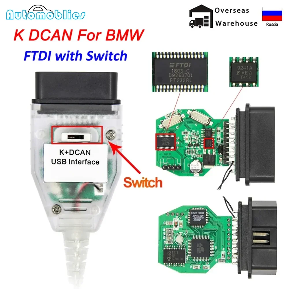 For BMW K DCAN K+CAN With FT232RL Chip K CAN with Switch OBD 2 OBD2 Car Diagnostic Scanner Tool K line Cable For BMW Scanner