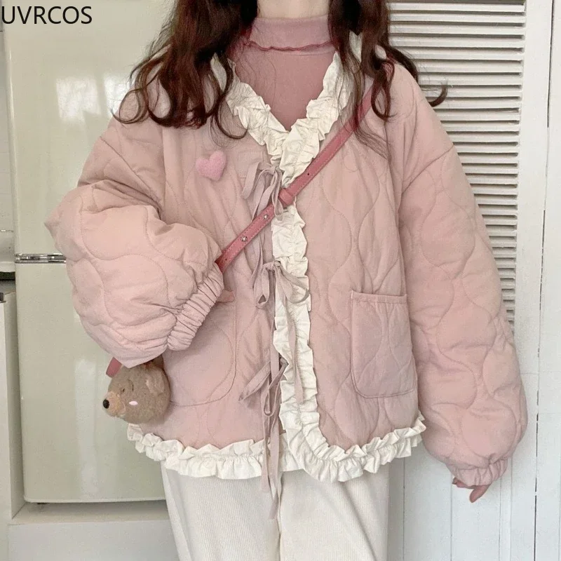 Korean new Style Cute 2025 Loose Warm Winter Jacket Women Chic Ruffle Neck Sweet Parkas Overcoat Japanese Haruku Kawai Padded Coat 2023