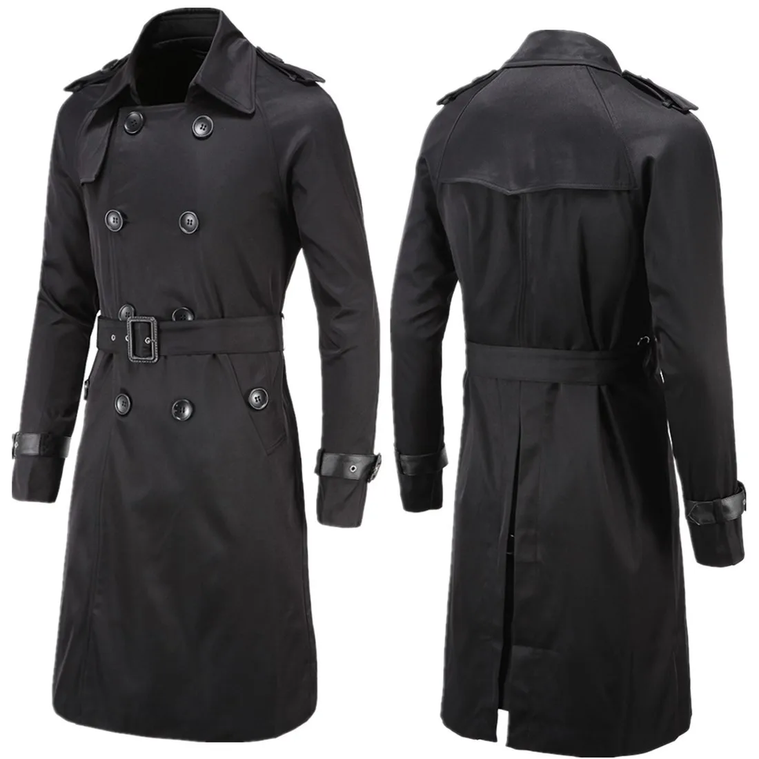 Mens Spring Autumn Windbreak Overcoat Long Trench Coats with Belt Male Pea Coat Double Breasted Peacoat W03