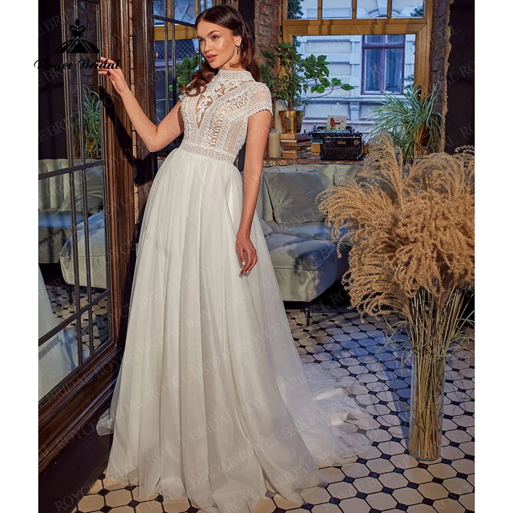 Elegant Bohomia Wedding Dresses Lace Tulle Beach Bridal Gowns Short Cap Sleeves Classic Wedding new Dresses vestido 2025 de novia sencill