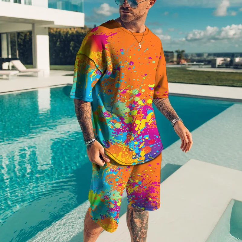 Summer Men T-shirt Set Color Printed Shorts 2 Piece Short Sleeve Sports Suit Casual Outfits Streetwear Tracksuit Man Clothing