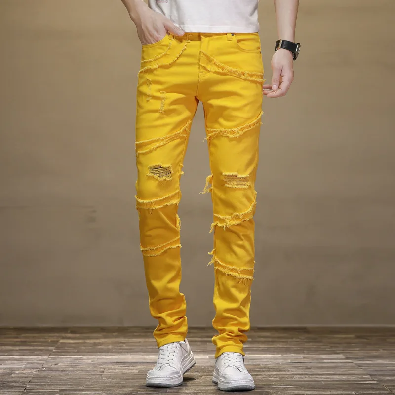 2023 Summer New Men's Stitching Ripped Jeans Yellow Casual Pants Slim Elastic Mid-Waist Small Foot Pants Street Wear
