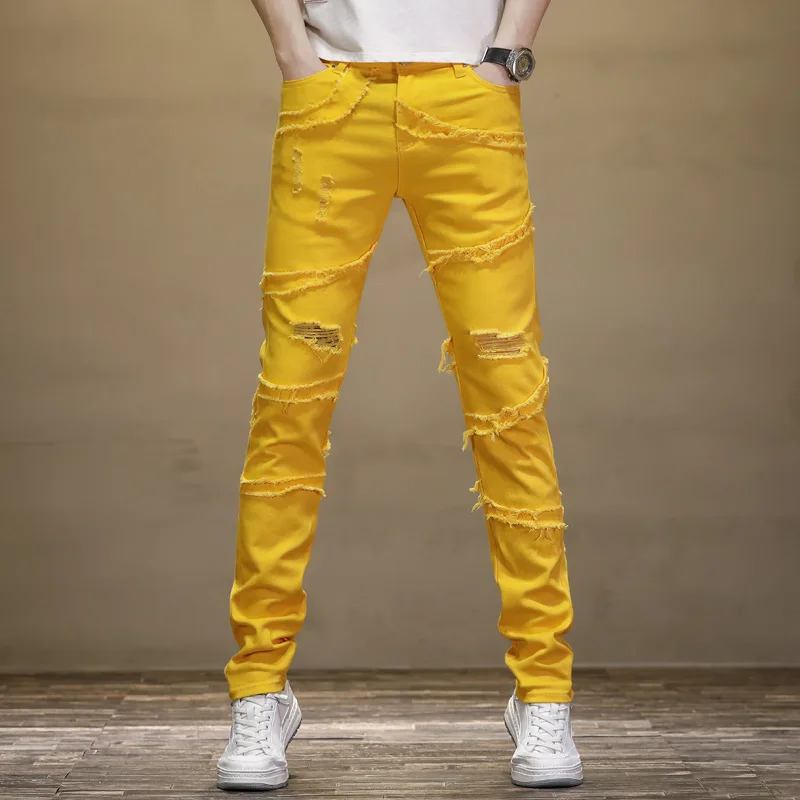 2023 Summer New Men's Stitching Ripped Jeans Yellow Casual Pants Slim Elastic Mid-Waist Small Foot Pants Street Wear