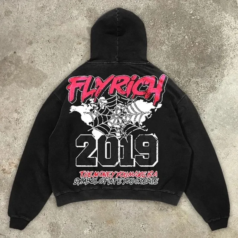 Y2K Hoodie Sweatshirt Mens Hip Hop Mummy Fly Get Rich Vintage Graphic Print Hoodie Sweatshirt Harajuku Gothic Pullover Hoodie