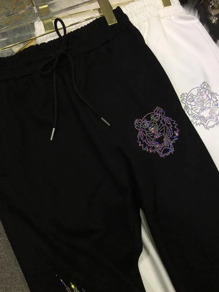 2025 Women Sweatpants Blingbling Wings Rhinestone Elastic High Waist Sports new Pants Autumn Spring Black Long Trousers