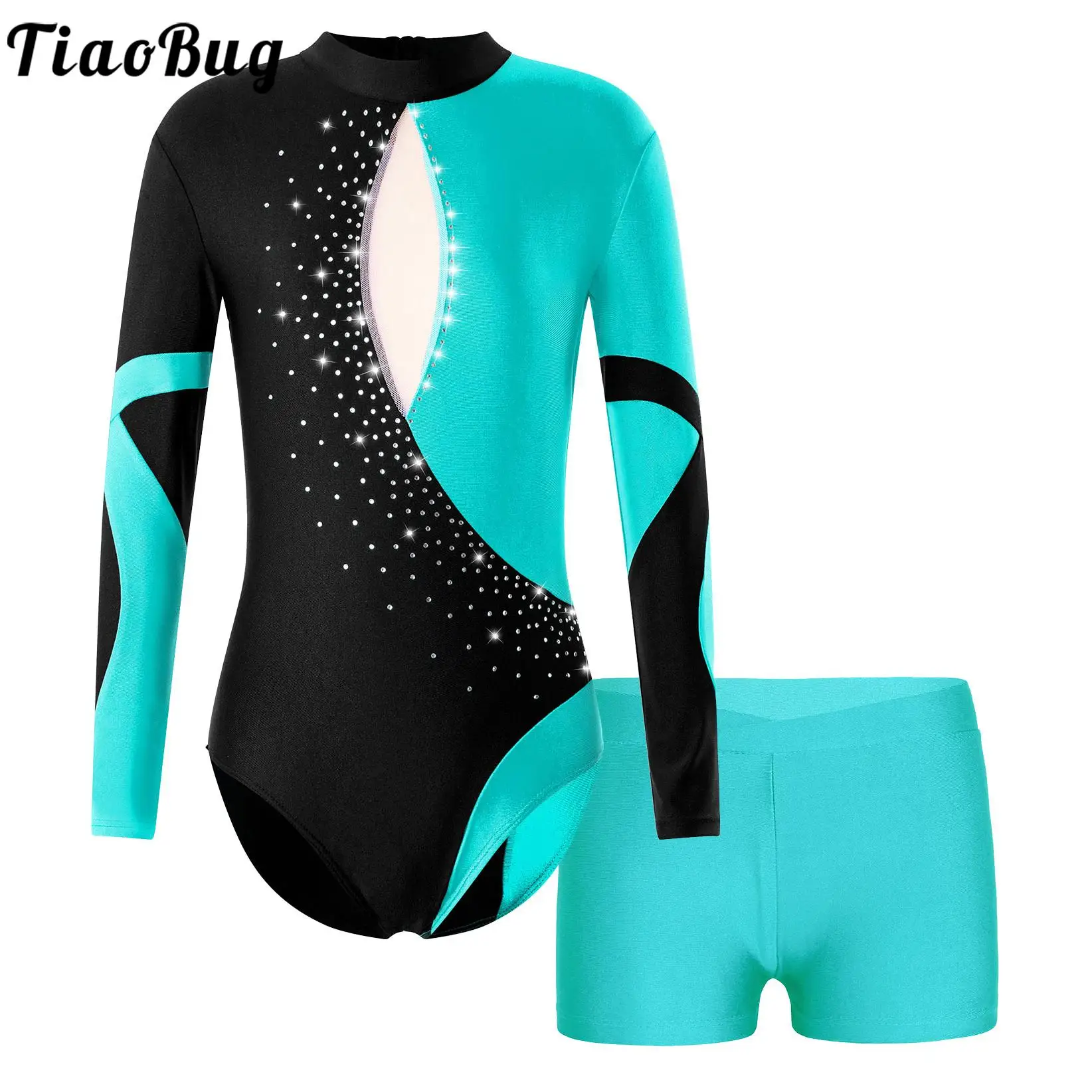 Kids Girls Ballet Dance Set Long Sleeve Rhinestones Open Back Gymnastic Figure Ice new Skating Mesh 2025 Leotard Jumpsuit and Shorts