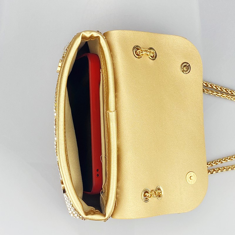 Retro evening gown, elegant lady, rhinestone clutch bag with diamond and colored diamond chain, cheongsam for a formal dinner party
