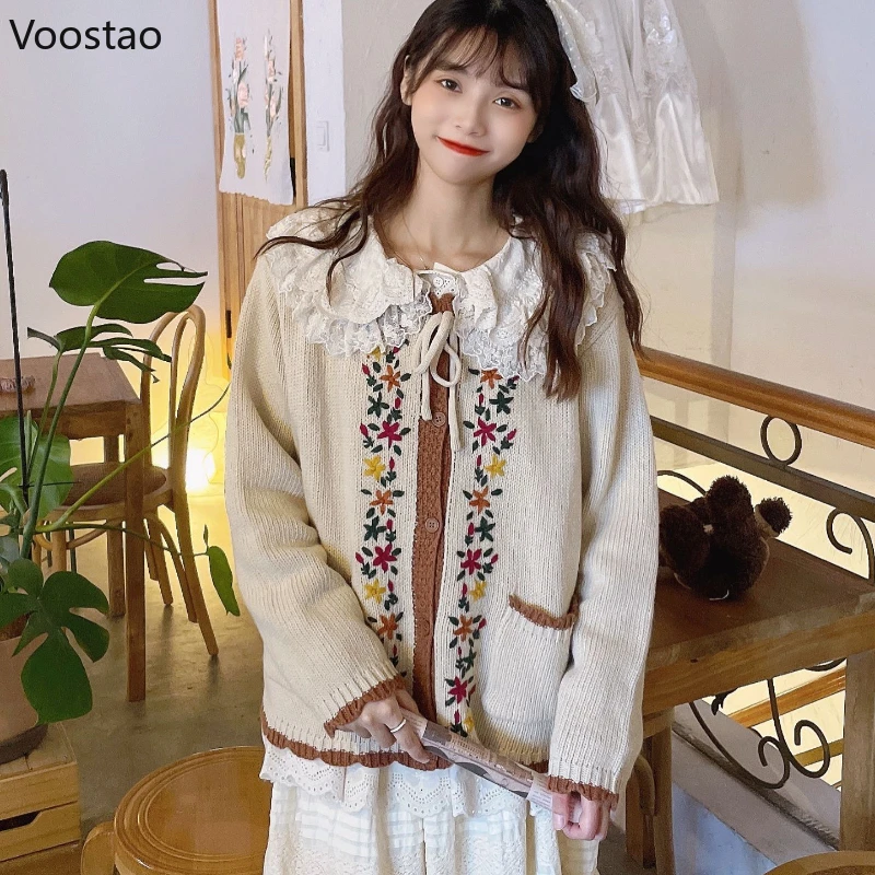 Vintage Cute Knitted Cardigan Women Elegant Sweet Flower Embroidery Jacquard Sweater Jackets Female Casual Long Sleeve Knit Coat