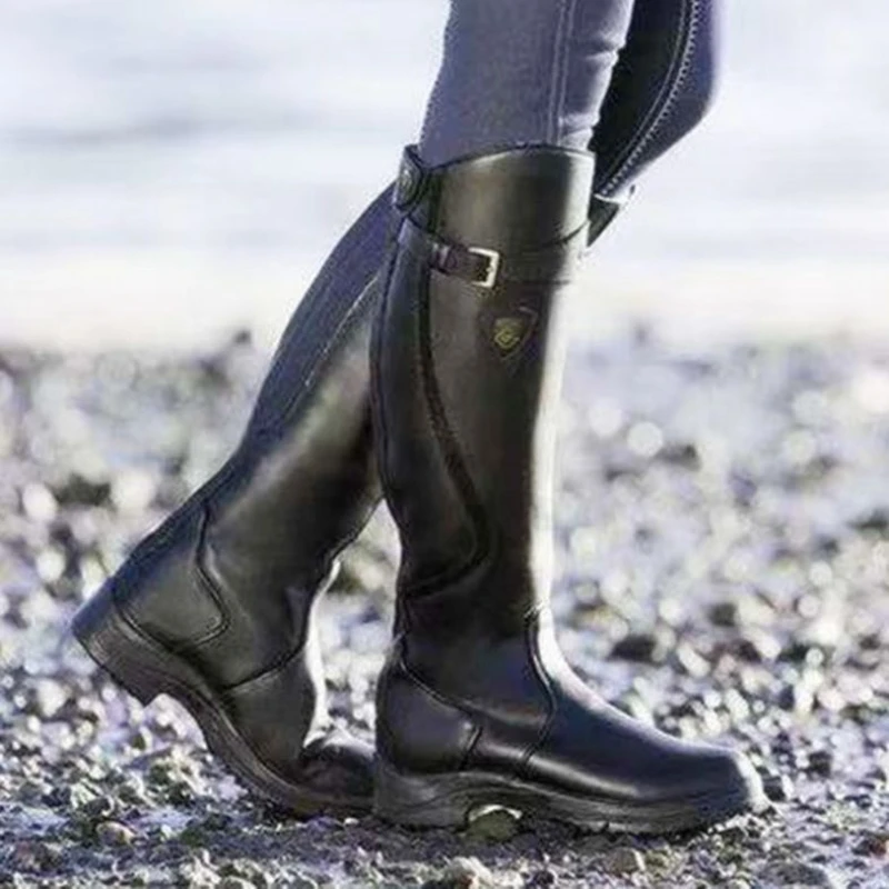 Women Autumn Winter Knee High Female Pleated Buckle Leather Zipper Flat Long Boots Plus Size 35-43 Botas De Mujer c1db