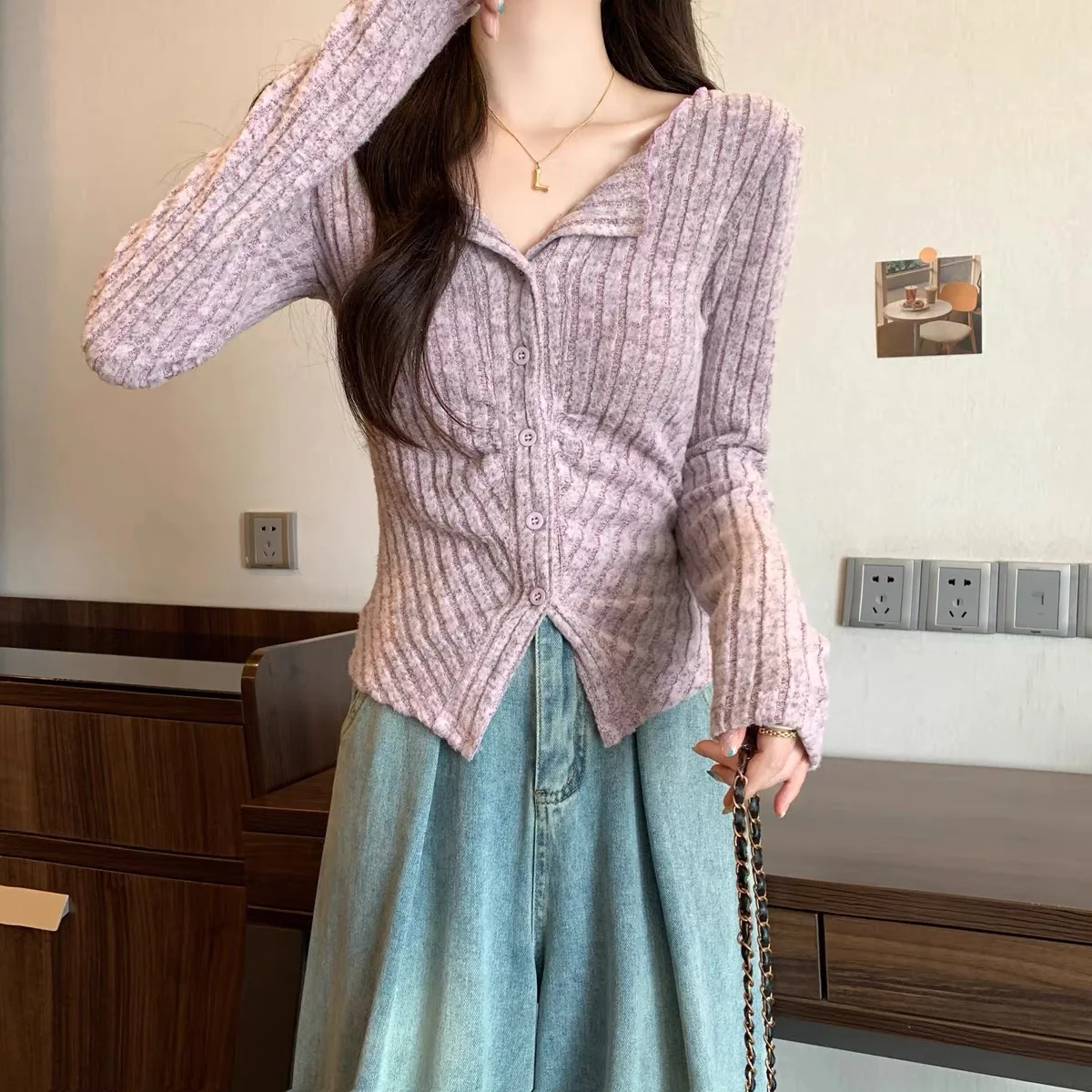 Sexy Knit Cardigan Women Long Sleeve Collar Sweater Autumn Korean Soft Slim Fit V Neck Knitwears Y2k Jumper Cropped Tops