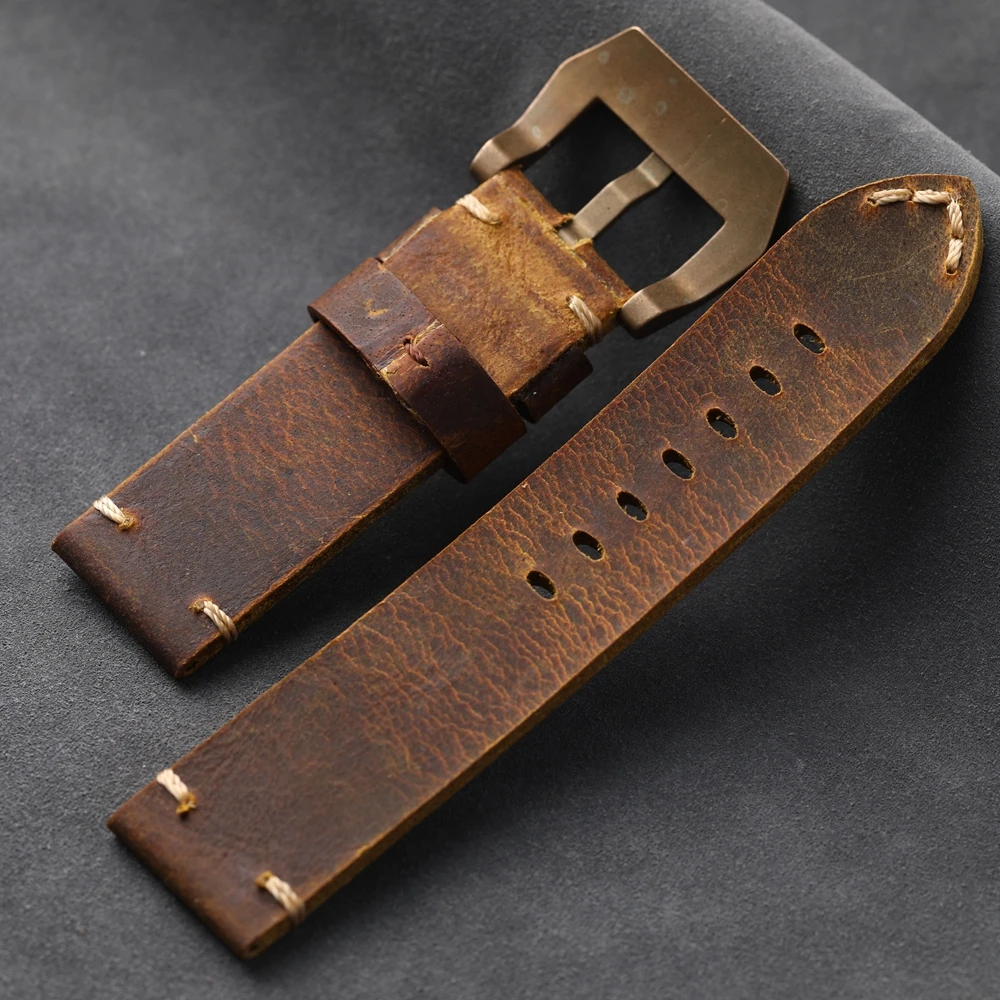 Handmade Bronze Watch Accessories Bracelet 20 22 24MM Brown Men's Vintage Bracelet Head Layer Cow Leather Straps