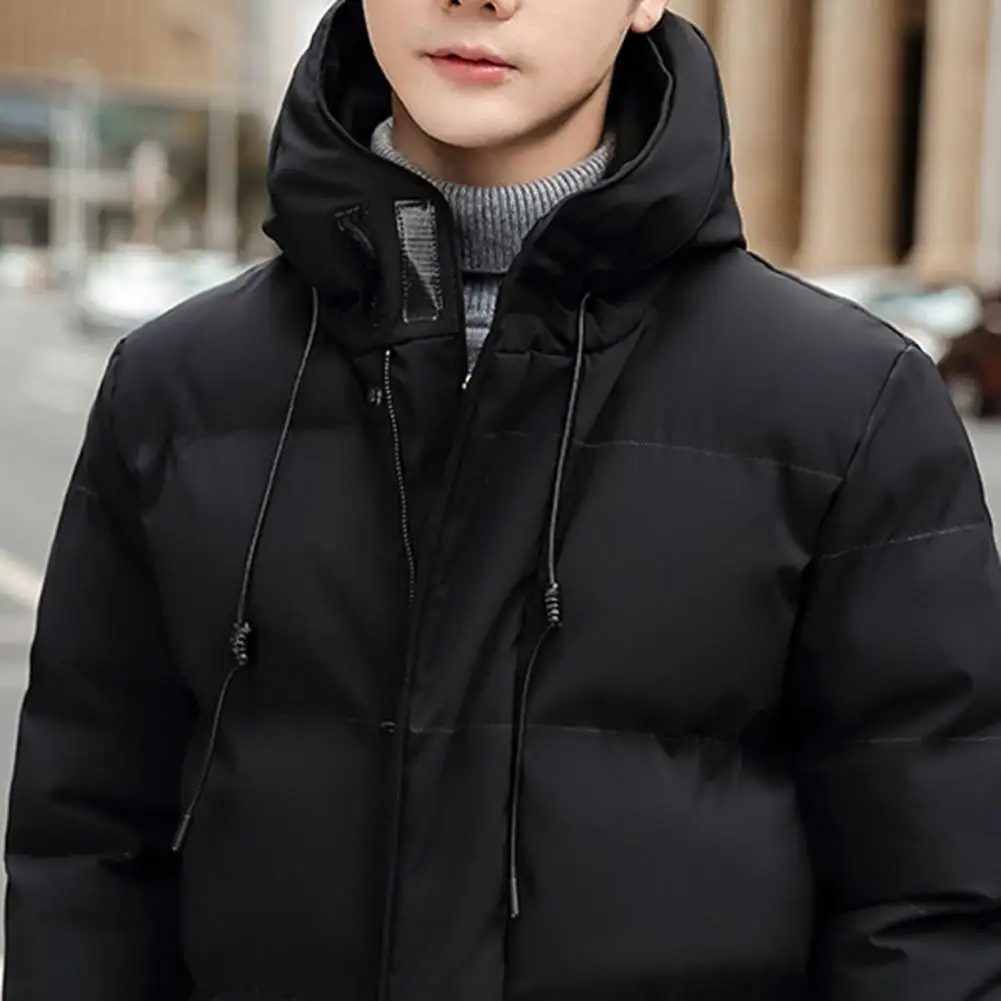 Midi Length Men's Down Coat Hooded Thickened Solid Color Padded Cardigan Keep Warm Zip Up Plus Size Men Winter Coat