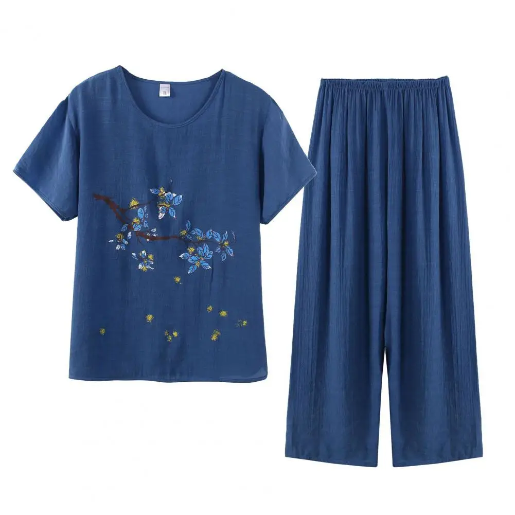 2 Pcs/Set Women Top Pants Set O Neck Flower Print Grandma Style Elastic Waist Grandmother Summer Pajamas Set for Daily Wear