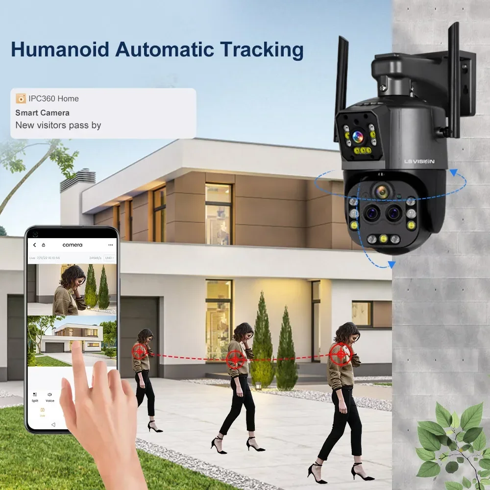LS VISION 8K WiFi Camera Outdoor 20X Zoom Four Lens Dual Screen Security Cam PTZ CCTV Monitor Auto Tracking Surveillance Camera