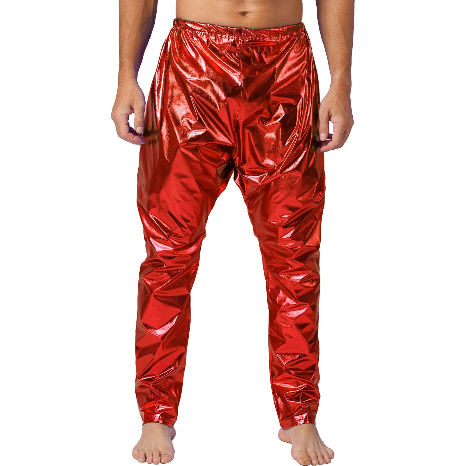 Mens Stylish Metallic Shiny Long Pants Elastic Waistband Solid Color Lightweight Harem Pants Leggings Stage Performance Costume