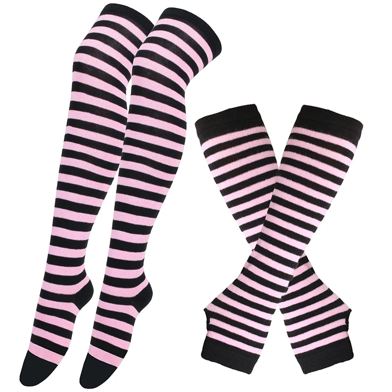 Women Girls Over Knee Long Stripe Socks Arm Sleeve Gloves Sweet Cute Plus Size Overknee Socks Knitted Warm Soks Black White