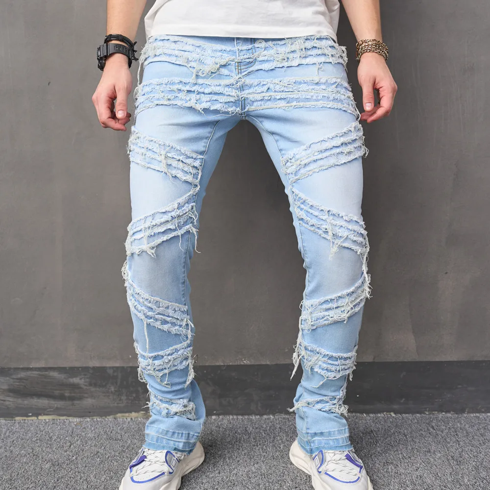 Streetwear Men Stylish Spliced new Slim Biker Jeans 2025 Pants Hip Hop Stacked Male Solid Jogging Straight Denim Trousers