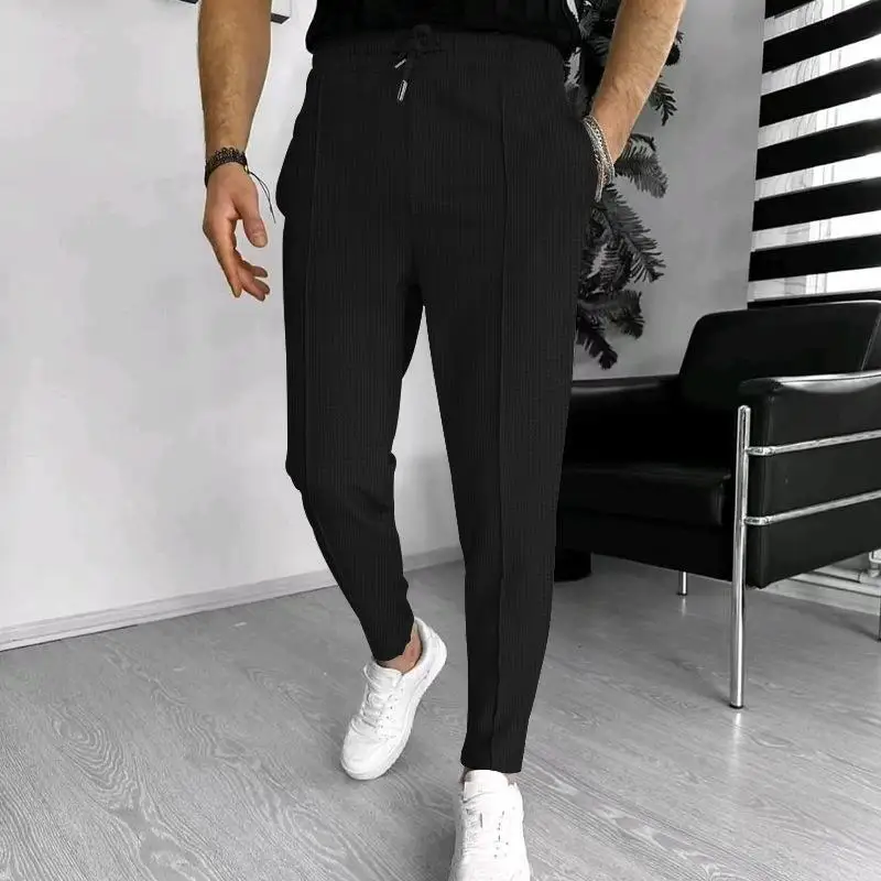 Autumn new and Winter Men's Casual 2025 Pants Waffle Elastic Waist Jogging Pants Men's Black Grey Pants