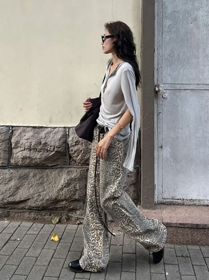 JRJL Leopard Print Jeans Woman Y2k Retro Street American Wide Leg Korean Style Wash Denim Pants Casual High Waist Baggy Jeans