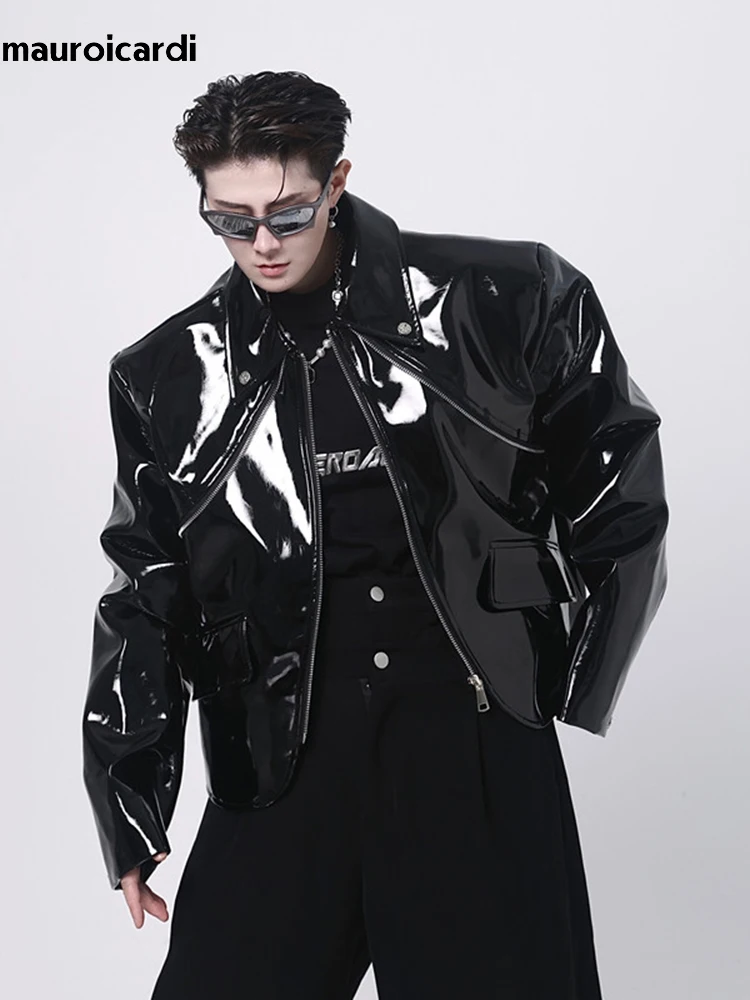 Mauroicardi Spring Autumn Cool Loose Short 2025 Black Shiny Reflective new Patent Faux Leather Jacket Men Zipper Designer Clothes