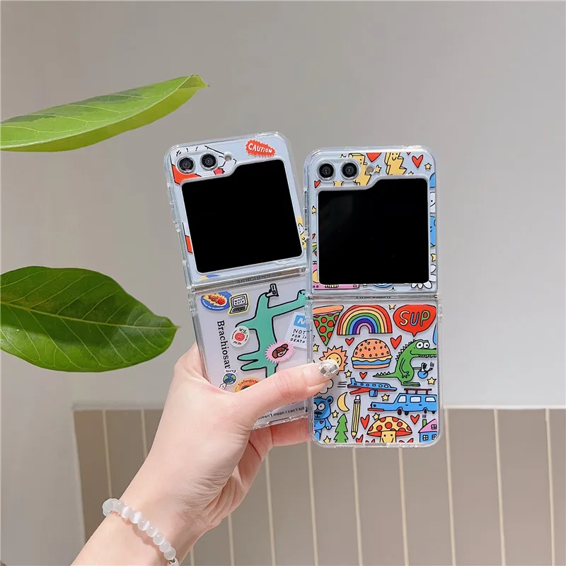 Cute Hand Drawn Phone Cases For Samsung Galaxy Z Flip 5 Hard PC Shockproof Cover Case For Samsung Z Flip5 ZFlip5