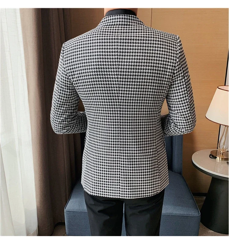 Houndstooth Men's Blazer British's Style Casual Slim Fit Suit Jacket Male Plaid Blazers 1 Pc Single Breasted Men Coat 2024