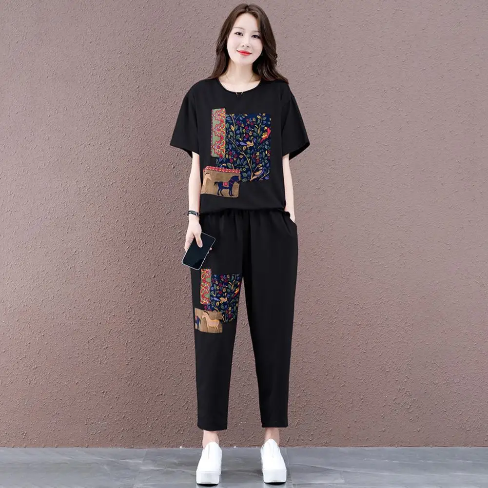 2Pcs/Set Sport 2025 Outfit Popular Stretchy Loose Outfit new Mid-aged Mother Casual Printing Loose Tracksuit Daily Garment