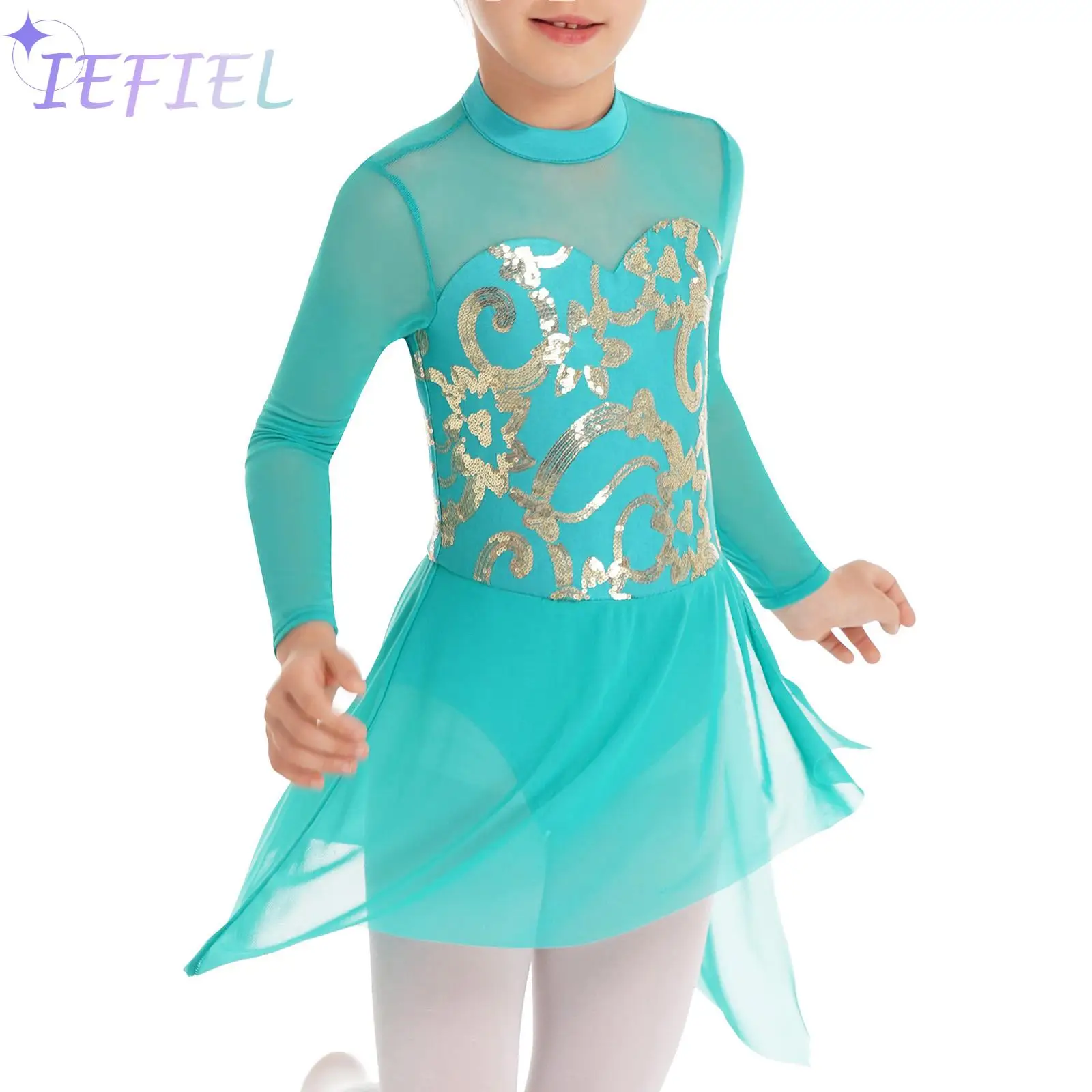 Kids Lyrical Modern Dance Costume Girls Hollow Back Shiny Sequins Decorated Irregular Hem Slit Dance Dress
