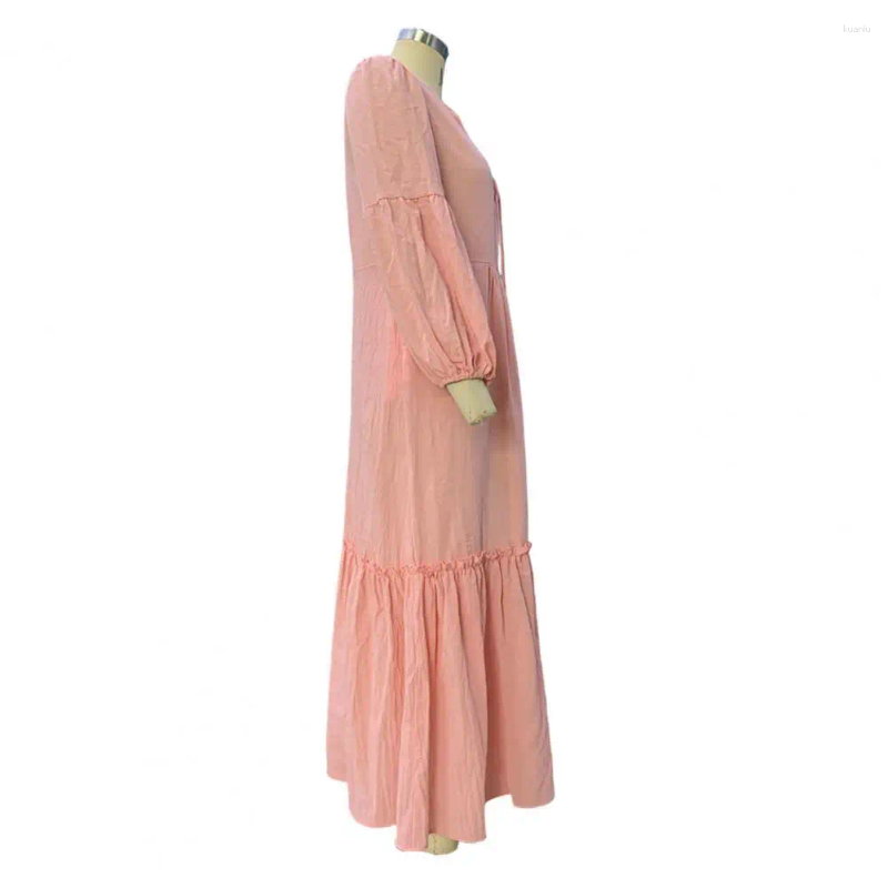 Casual Dresses Spring Soft Dress Pleated Detail Bohemian Beach Maxi With V-neck Bubble Sleeves Womens Loose Patchwork A-line