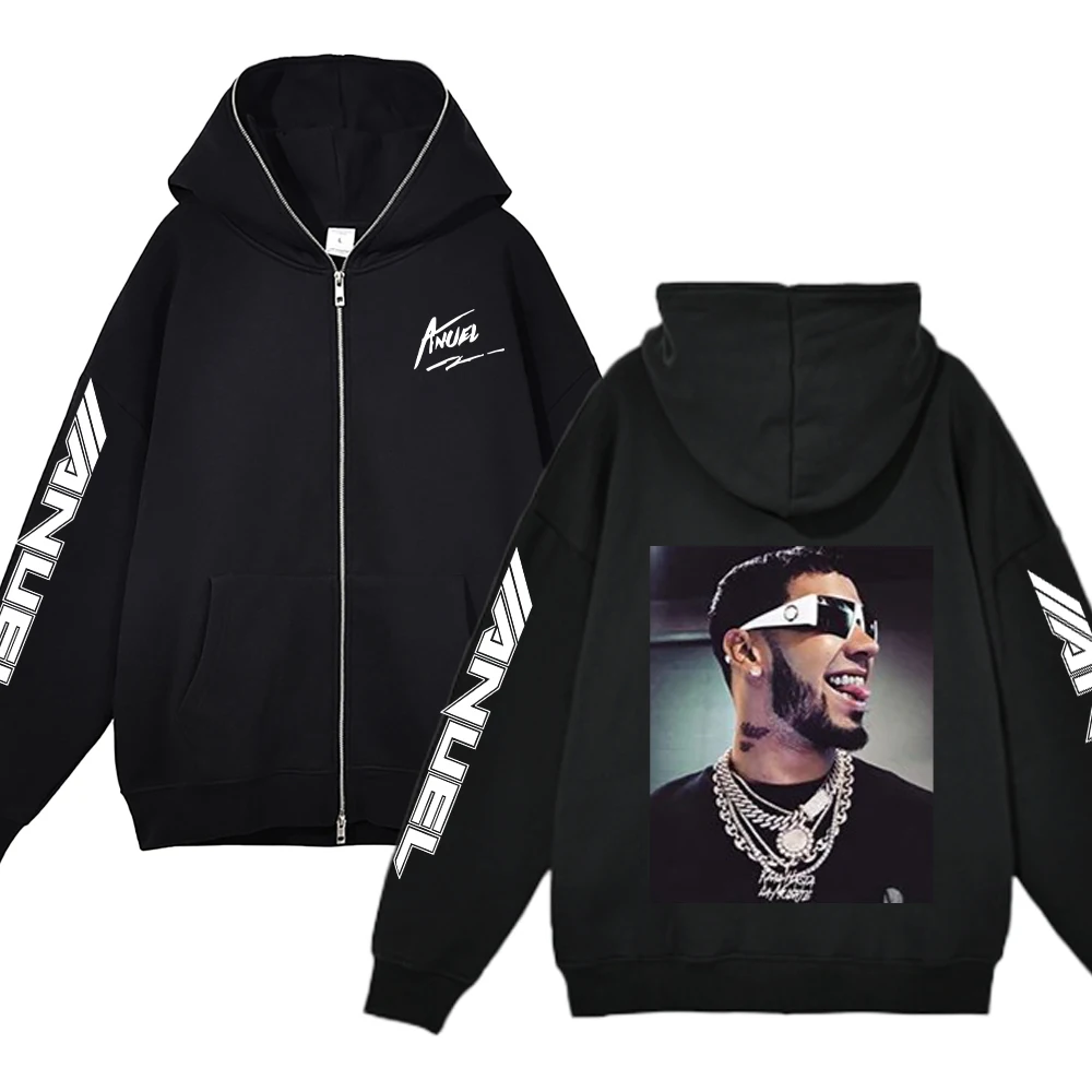 Hip Hop Streetwear Hoodie Anuel AA Real Hasta La Muerte Print Full Zipper Hoodies Punk Rapper Loose Sweatshirts Y2K Cardigan