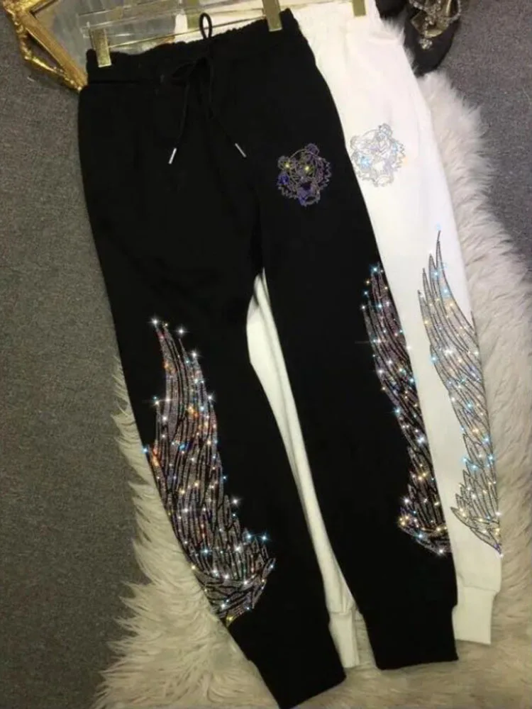 2025 Women Sweatpants Blingbling Wings Rhinestone Elastic High Waist Sports new Pants Autumn Spring Black Long Trousers