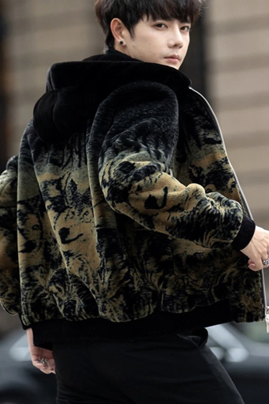 Autumn and Winter New Faux Fur Coat Men's Canary Velvet Coat Long Cap Large Male Print Contrast Color Coat Men Jacket V110