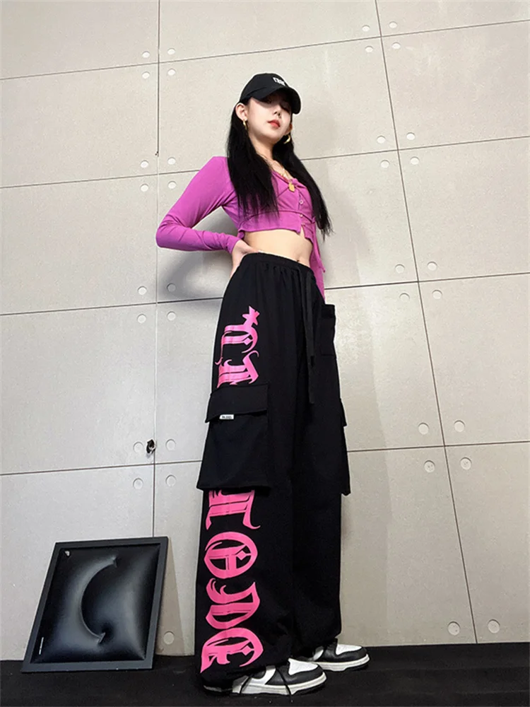 QWEEK Y2K Korean Style Jogging Sweatpants Women Streetwear Kpop Letter Print Cargo 2025 new Pants Oversize Haruku Egirl Sports Trousers