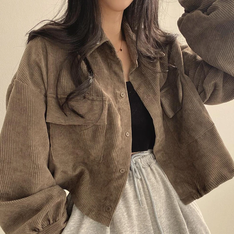 Women Casual Autumn Loose 2025 Corduroy Long-sleeved Shirt Turn-down new Collar Retro Coats Solid Color Shirts