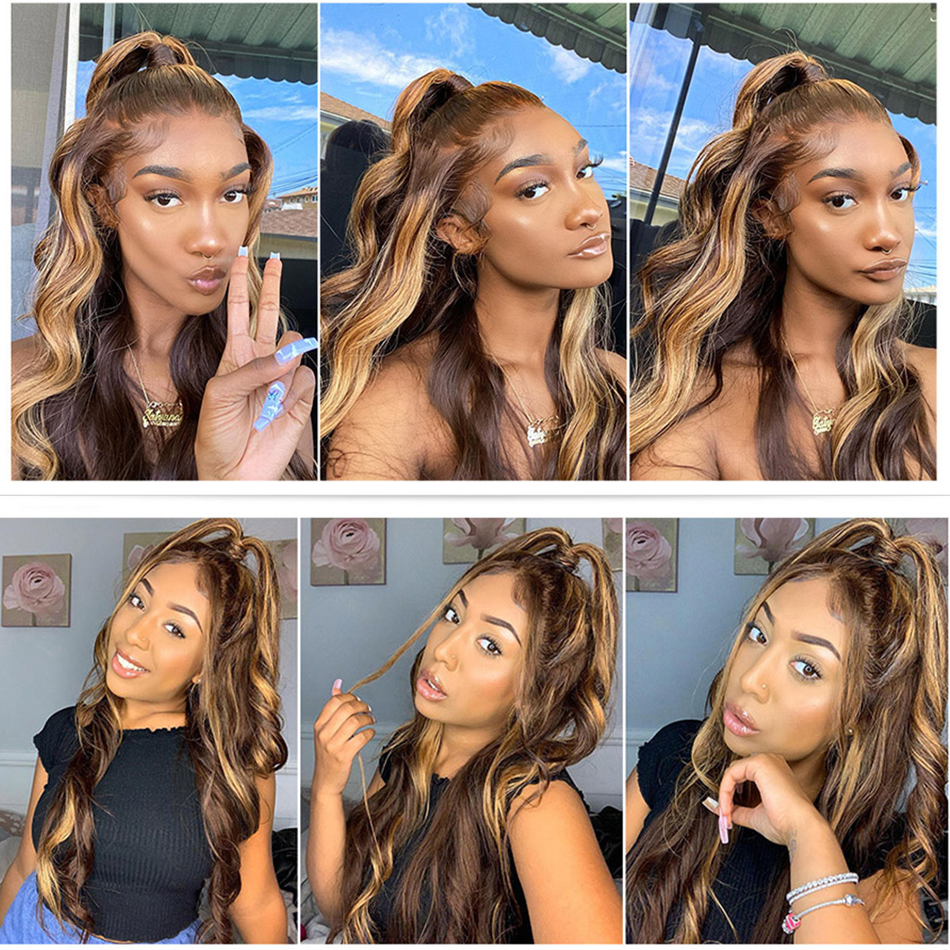 Alibele Highlighted Body Wave Human Hair Bundles With 4x4 HD Lace Closure Pre-Plucked P4/27 Color Peruvian Remy Hair Extentions