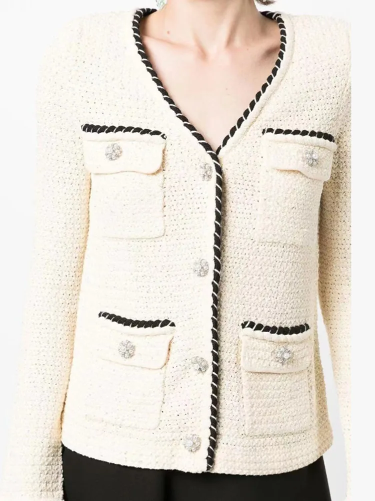 Women's Loose Knit Cardigan V-Neck Temperament 2023 Early Spring Female Long Sleeve Multiple Pockets Sweater with Pearl Buttons