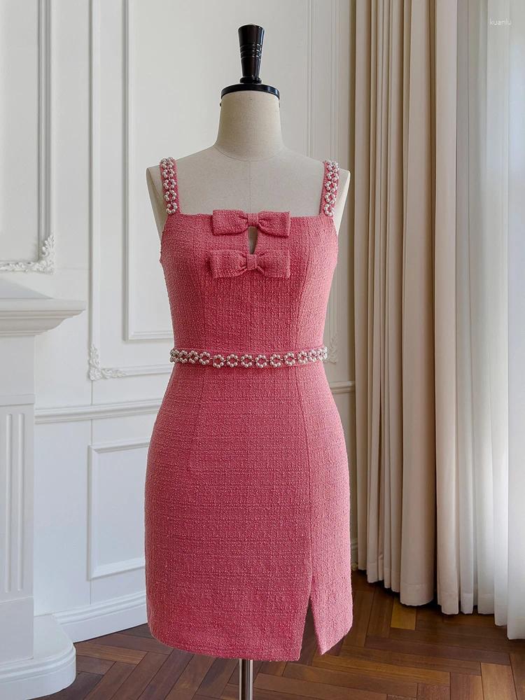Casual Dresses Tweed Solid Beaded Design For Women Strapless High Waist Sleeveless Elegant Dress Female Spring 3WM792