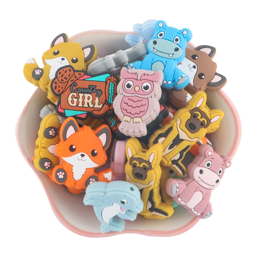 Sunrony 10pcs Dog Hippo Dolphin 2025 Silicone Beads Food Grade For new DIY Pacifier Chain Accessories For Pens Jewelry Making