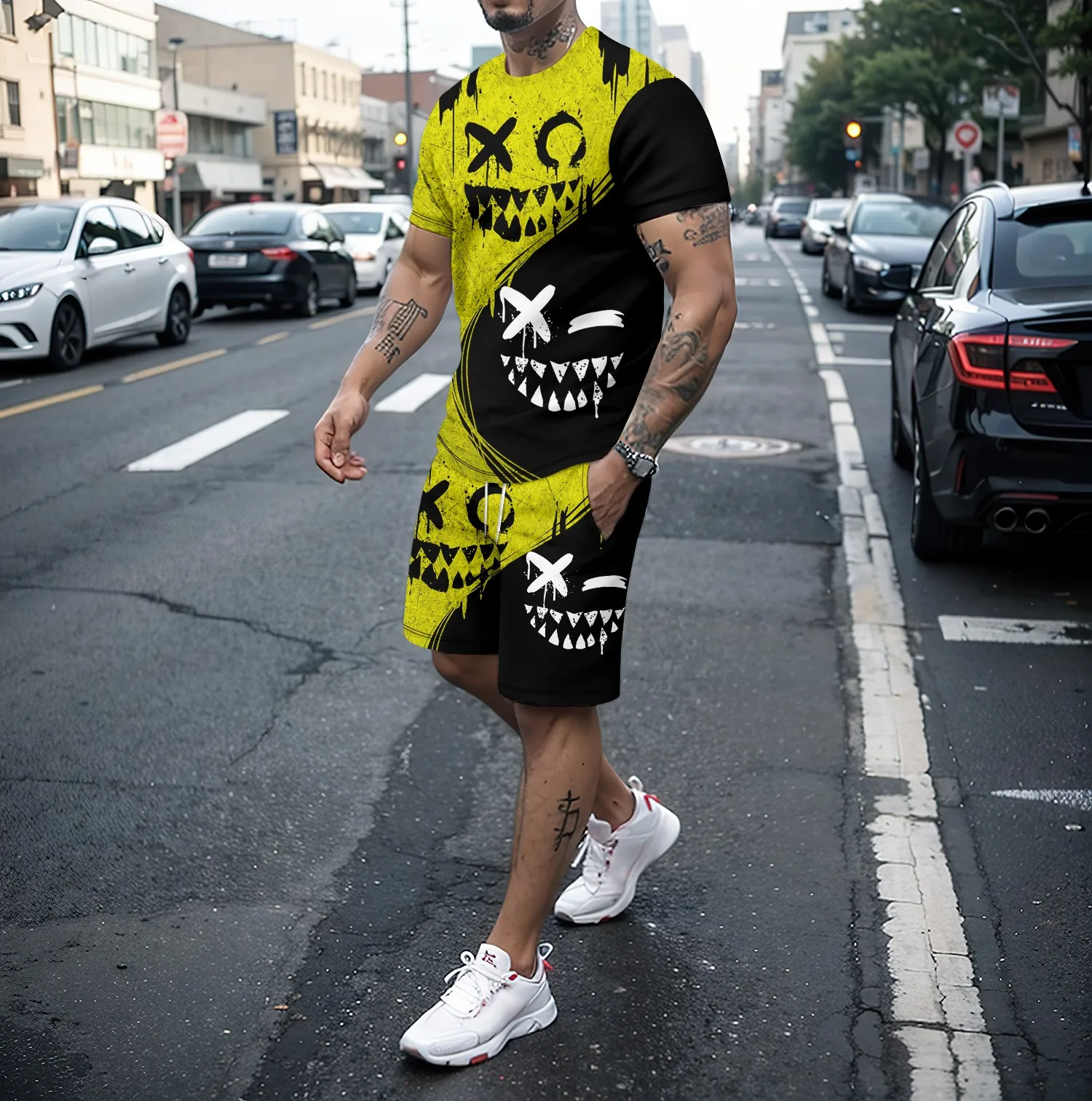 Summer round neck short sleeved T-shirt and shorts set men's 2-piece set 3D funny smiling face pattern casual street sportswear
