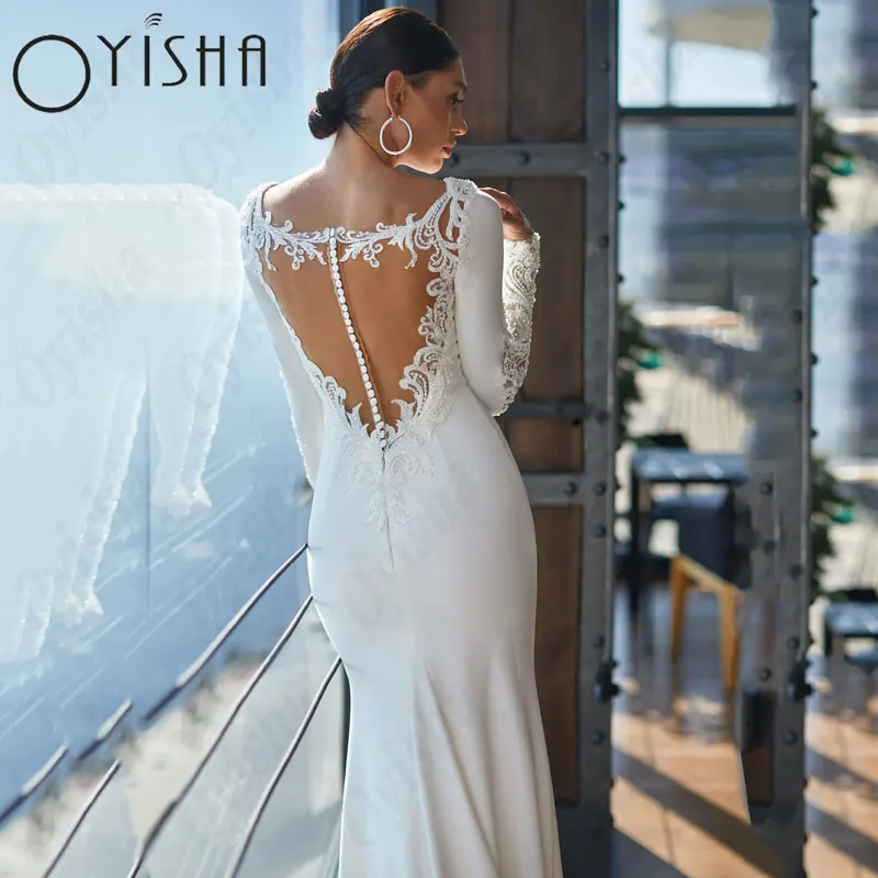 OYISHA Scoop Long Sleeves 2025 new Wedding Dresses Elegant Satin Mermaid Lace Bridal Gowns For Woman Appliques Simple Vestido De Mariages