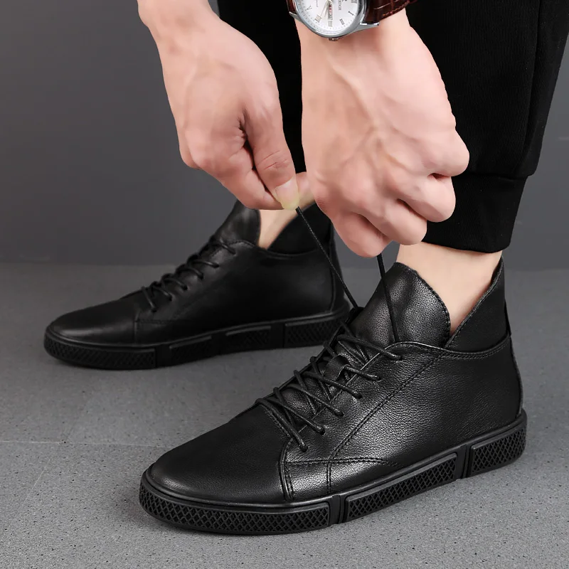 Comfortable Men's Shoes Genuine Leather Mens Outdoor Sneakers Hot Sale Lace-Up Male Ankle Boots Men Winter Plush Snow Boots