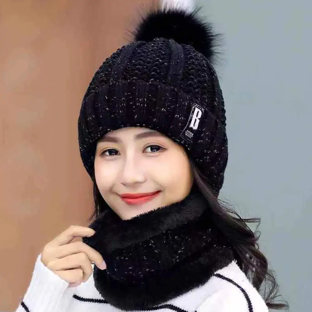Brand Winter Knitted Scarf Hat Set Thick Warm Skullies Beanies Hats for Women Solid Outdoor Snow Riding Ski Bonnet Caps Girl