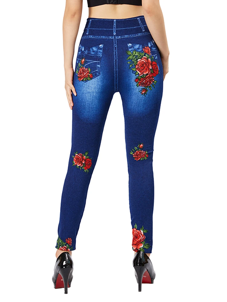 CUHAKCI Elegant Women Casual Fake Jeans Red Rose Flower Print Vintage Stretch Pencil Pants Slim Fit Thin Workout Yoga Jeggings smile