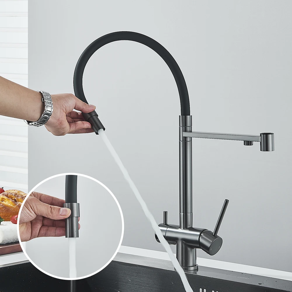 Senlesen Filter Water Kitchen Faucet Gray Pull Down Flexible Sprayer Deck Mounted Hot Cold Mixer Crane Tap 360 Degree Rotation
