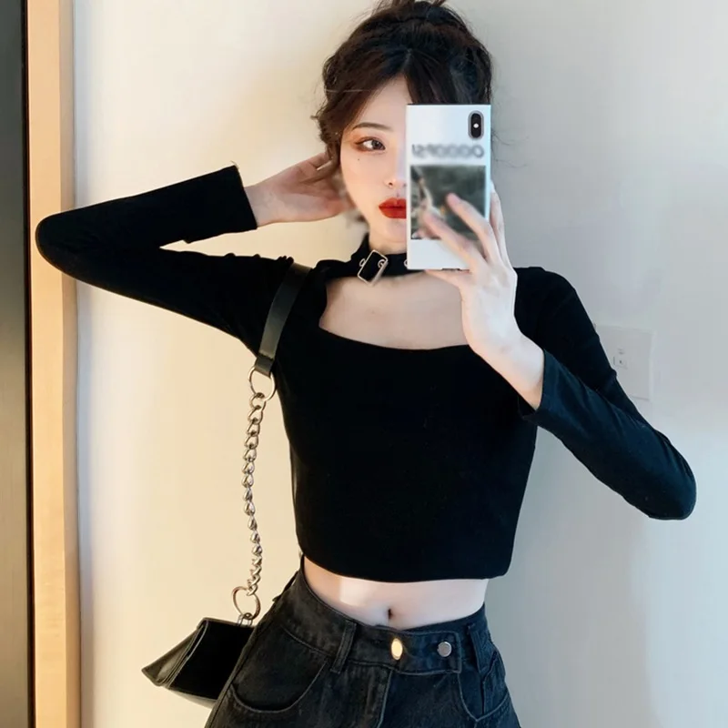 Women's Square Collar Slim Sexy Navel Exposed Long Sleeved T-shirt Tops