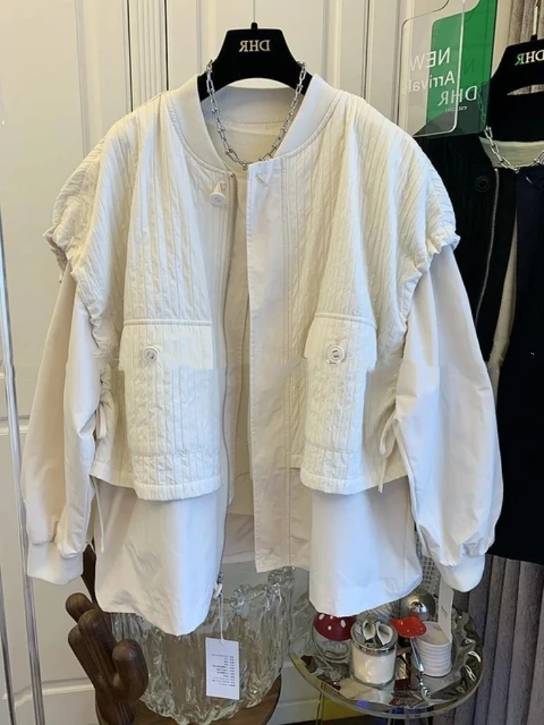 Loose Drawstring Fake Two-piece Coat Women's Spring And Autumn 2023 New Splicing new Long-sleeved 2025 Zippered Trench Coat