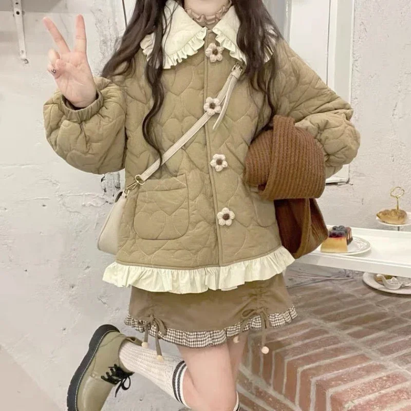Korean new Style Cute 2025 Loose Warm Winter Jacket Women Chic Ruffle Neck Sweet Parkas Overcoat Japanese Haruku Kawai Padded Coat 2023