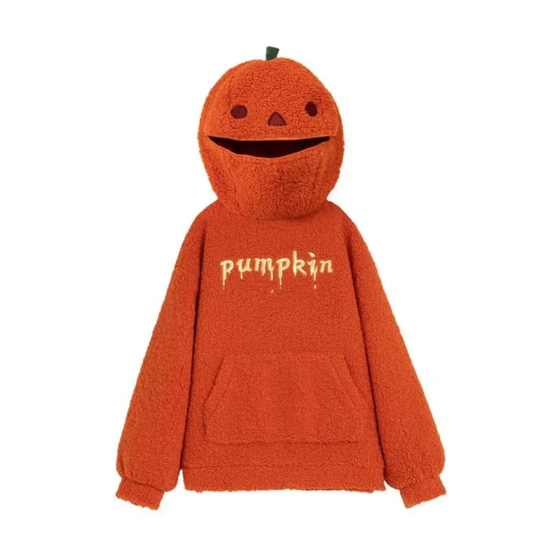 Deeptown Kawaii Plush Pumpkin Hoodies Women Toy Funny Halloween Berber Fleece Jacket Oversized Cutecore Christmas Winter Clothes