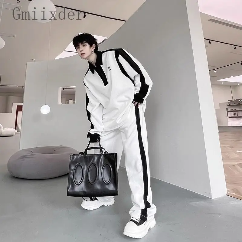 Elegant Black White Color Contrast Sports Shirt Set Long Sleeved Polo Shirt Sweatpants Two Piece Set Casual Handsome Tracksuit