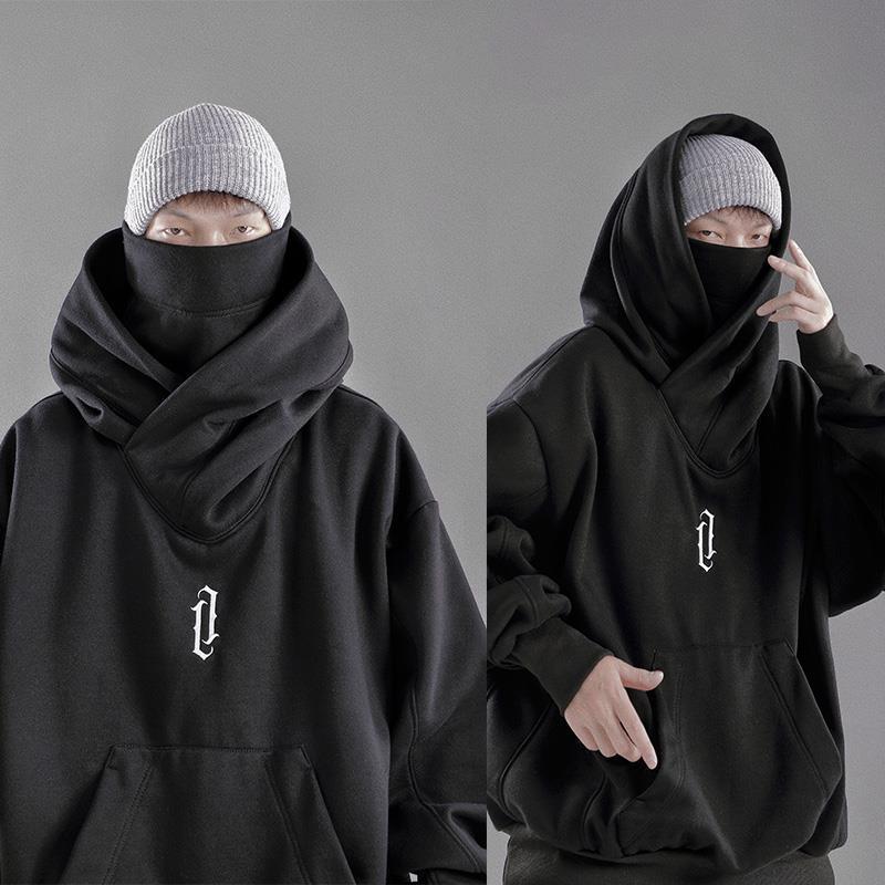 QWEEK Hooded Sweatshirts Gothic Harajuku Pullover Hiphop Black Hoodie Oversize BF Style Dark Turtleneck Casual Punk Clothes Cool